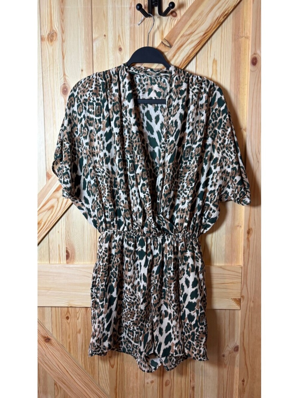 Women's Leopard Print Short Sleeve Romper with Elastic Waist Small